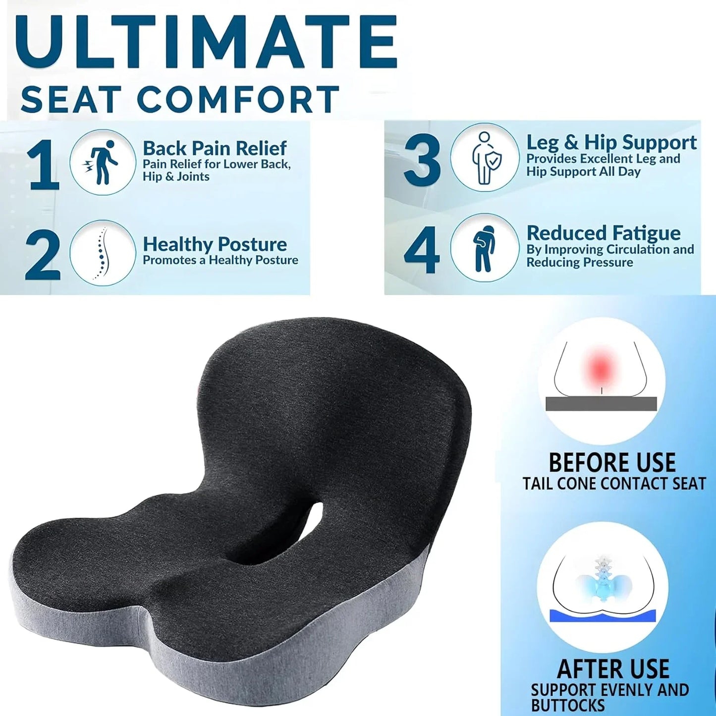 Memory Foam One-Piece Seat Cushion Backrest Office Chair Cushion Massage Lumbar Support Pain Relief Breathable Car Butt Pad