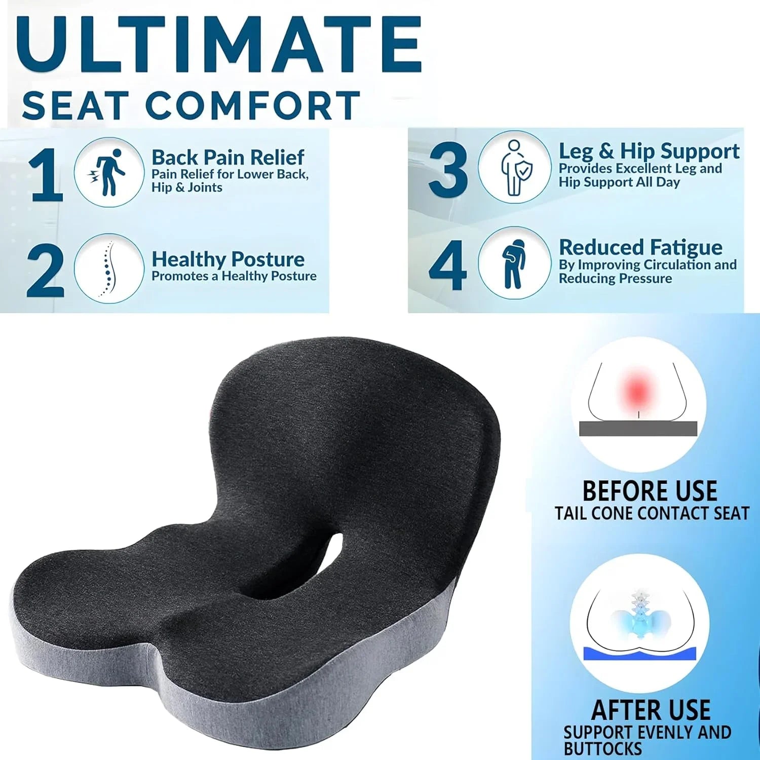 Memory Foam One-Piece Seat Cushion Backrest Office Chair Cushion Massage Lumbar Support Pain Relief Breathable Car Butt Pad