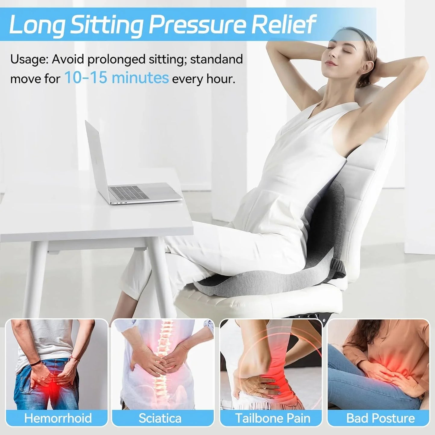 Memory Foam One-Piece Seat Cushion Backrest Office Chair Cushion Massage Lumbar Support Pain Relief Breathable Car Butt Pad